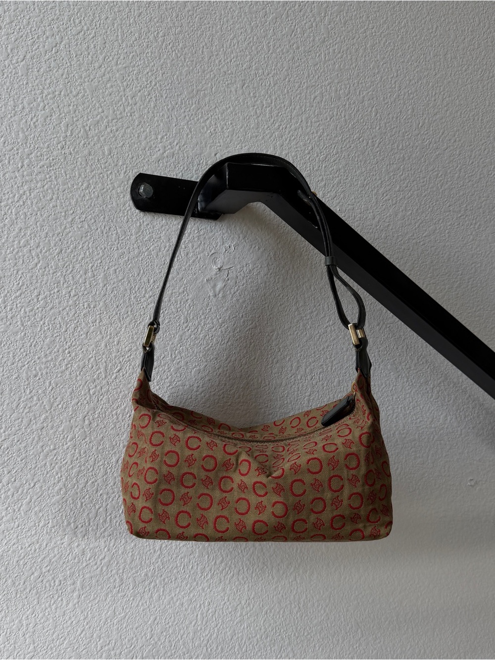 Vintage 2001 CELINE C Macadam Canvas Shoulder Bag Beige Red